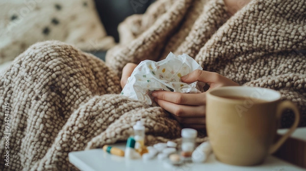 Fototapeta A person wrapped in a thick blanket, holding tissues, with a cup of tea and various medications on a table, suggesting they're feeling unwell.