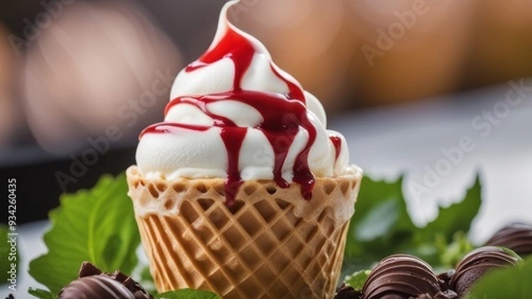 Fototapeta Garnished with chocolate sauce & whipped cream a vanilla ice cream cone sits center stage surrounded by similar wafers on a plate evoking a festive dessert scene.