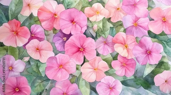 Fototapeta Watercolor artwork featuring a background of pink vinca flowers