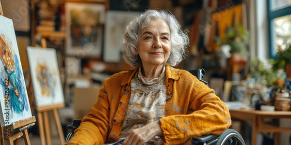 Obraz disabled artist senior female drawing sitting on wheel at home. small business, entrepreneurship and home hobby after retirement. Disabled Elderly female in wheelchair at art, Generative AI