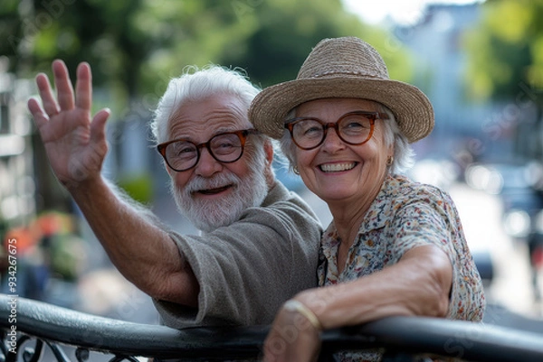 Fototapeta Happy seniors wave from a bridge, Generative AI