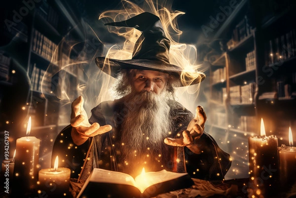 Obraz A Mystical Sorcerer is summoning Magical Energy while surrounded by ancient tomes in an enchanting and mysterious library ambiance