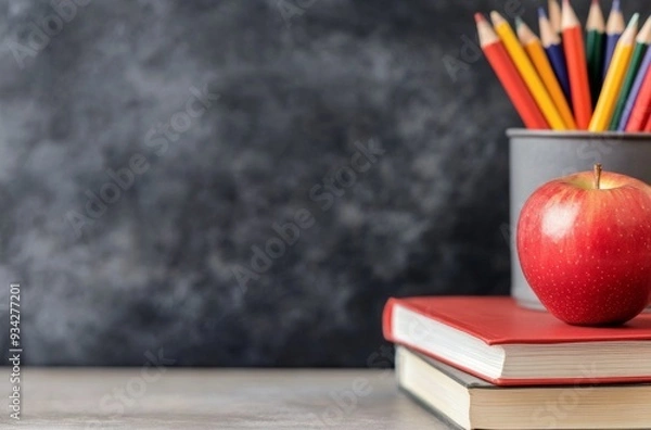 Fototapeta Colorful pencils and an apple on a stack of books against a blue background