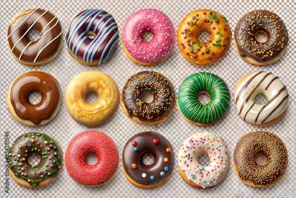 Fototapeta Assorted donuts with various toppings on a gray background, top view