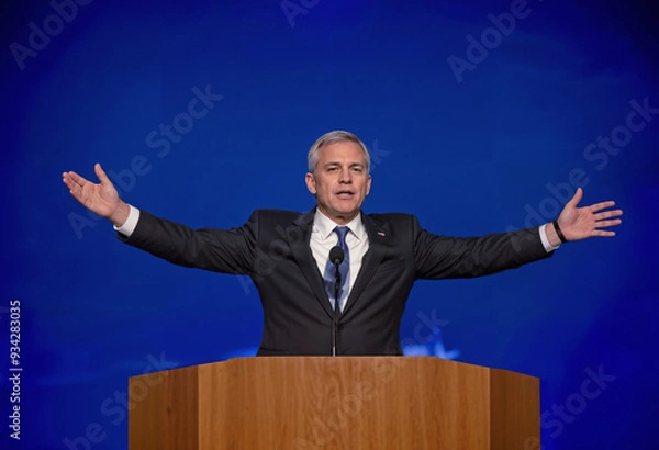 Obraz A gray-haired politician with both hands raised