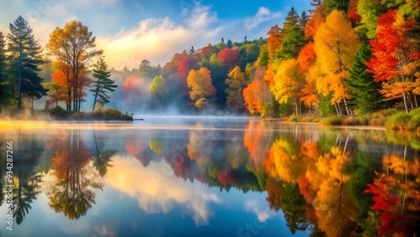 Fototapeta Autumn morning with mist rising over a quiet lake surrounded by colorful trees