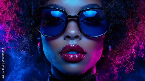 Fototapeta A beautiful Black woman with curly hair and sunglasses, with blue lips, in a close-up of her face in neon light.