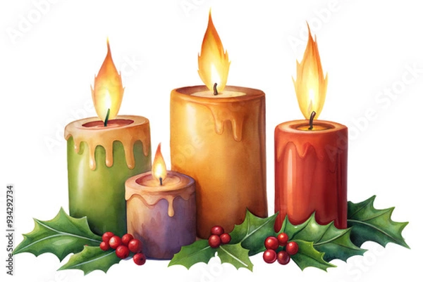 Fototapeta Colorful candles with flames and festive holly displayed in a cozy arrangement suitable for holiday decorations during winter celebrations isolated on transparent background