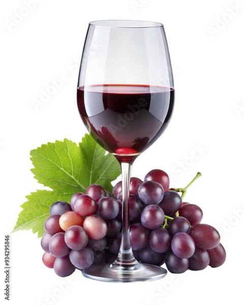Fototapeta A glass of rich red wine beside a cluster of dark purple grapes showcasing a classic pairing of beverages and fresh fruit isolated on transparent background