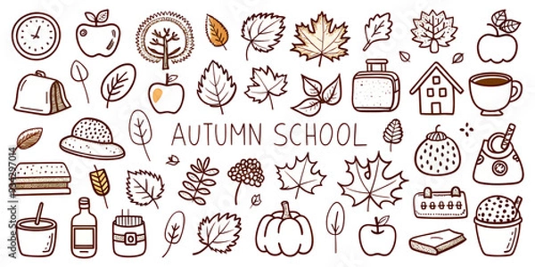 Fototapeta sketches Pack of set of linear pumpkins leaves, autumn, patterns for diaries, notebooks, albums, stickers, design ideas on PNG transparent background, brushes sketches  style, decor, drawing, vector, 