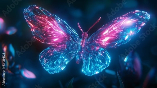 Fototapeta A captivating neon-lit glass butterfly with translucent wings, glowing in vibrant blues and pinks.