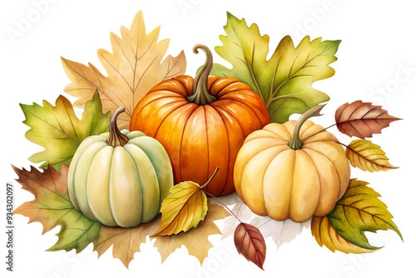 Fototapeta Autumn composition featuring three pumpkins surrounded by colorful leaves in various shades showcasing the beauty of fall harvest isolated on transparent background