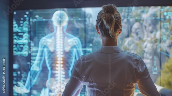 Fototapeta A woman is looking at a computer screen that shows a skeleton
