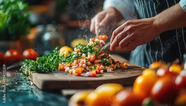 Fototapeta Cooking class with a chef instructing students, chopping, stirring, and tasting in a professional kitchen, Educational, Bright, Detailed