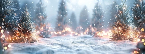 Fototapeta Frosty winter background with snow-covered fir trees and glowing garland Christmas or New Year concept, banner design space for text Generative AI
