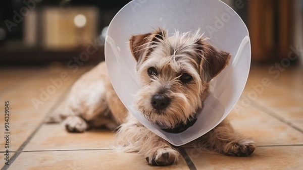 Obraz  Sad Dog with Cone of Shame Lying on Tiled Floor in Cozy