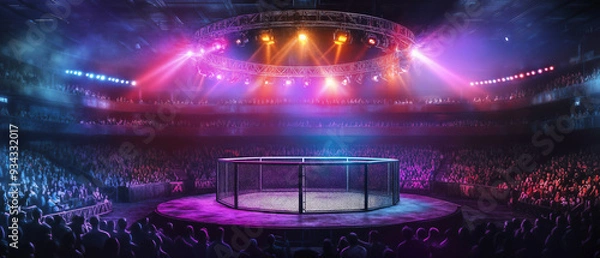 Obraz A large arena with an octagonal MMA ring in the centre and a crowd of people watching.