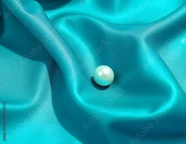 Fototapeta single white pearl placed delicately on crinkled teal silk fabric, with shadows highlighting the texture of the fabric around the pearl create with ai