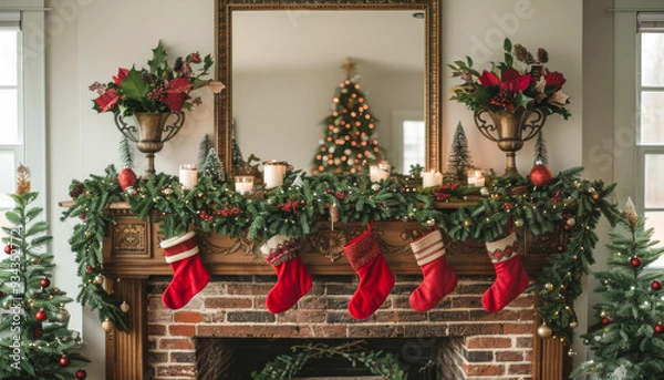 Fototapeta A fireplace mantle is decorated with red stockings and a Christmas tree. The mantel is adorned with candles and a vase of flowers. The scene conveys a warm and festive atmosphere
