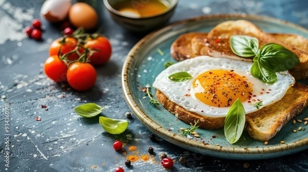 Fototapeta A fried egg on toast with basil leaves, red pepper flakes, and sesame seeds.