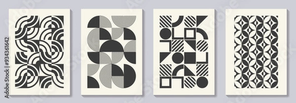 Fototapeta Retro set of black and white geometric vector pattern minimal posters with 20s geometric design. Trendy bauhaus pattern background for cover design, poster and interior.