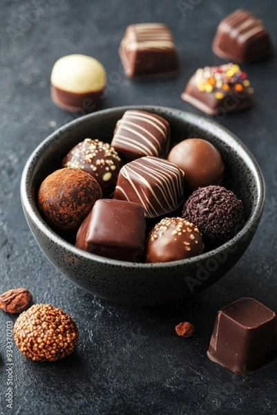 Fototapeta Assorted chocolates in a decorative bowl on a dark kitchen countertop