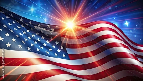 Obraz Vibrant Stars and Stripes American flag waves proudly against a dynamic, gradient background of red, white, and blue, perfect for patriotic designs and themes.