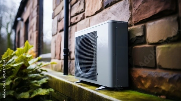 Fototapeta Outdoor installation of air source heat pump heating unit by professional engineer