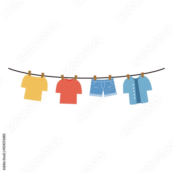 Obraz Drying clothes. Hanging rope with shirt and trouser. Domestic, housework, hygiene, laundry concepts. Flat vector design isolated illustration.