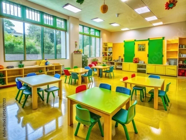 Fototapeta Vibrant yellow and green kindergarten classroom with tables, chairs, and educational toys, creating a fun learning environment for toddlers to discover and grow in Gujarat, India.