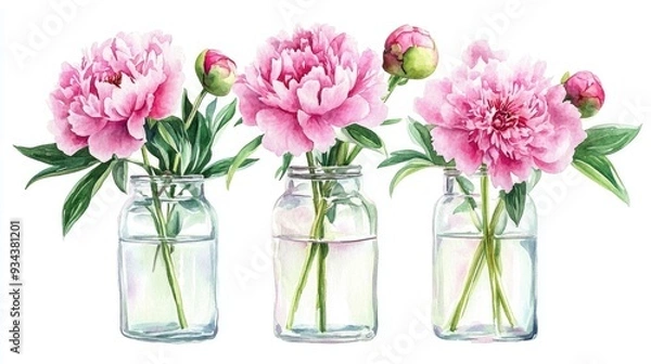 Fototapeta Peonies arranged in a clear bottle Isolated on a white background Watercolor illustration