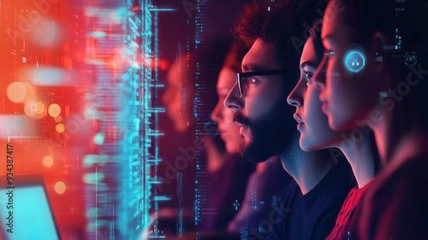 Obraz AI-driven cybersecurity threat concept illustration. Diverse IT specialist team analyzing data and information technology, focusing on artificial intelligence cyber attack analysis, side view 