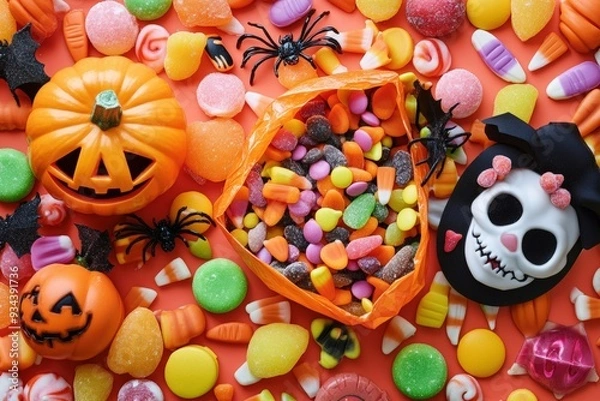 Fototapeta Vibrant Overhead Shot of Halloween Candy Explosion with Jack-O'-Lanterns and Spooky Decor