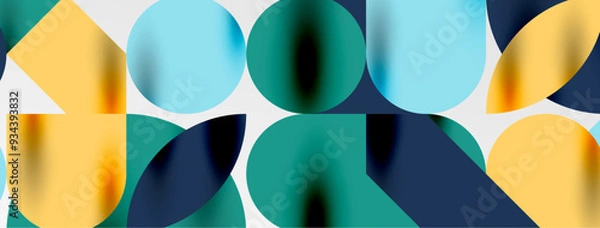 Fototapeta Mosaic geometric elements. Colorful circles, round geometric shapes and lines with shadow 3d effects. Simple forms abstract background for wallpaper, banner, template or landing