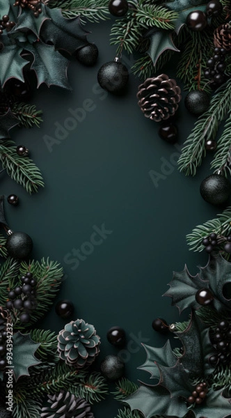 Obraz Dark Green Christmas Background with Pinecones and Holly