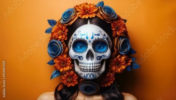 Fototapeta A painted skull on a human face with flowers surrounding the female head with a orange color background; day of the dead; happy halloween and fall festivity; horror and scary; Mexican day of the dead