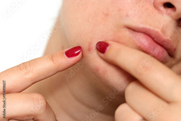 Fototapeta Close up of female face with red problematic acne skin and scars