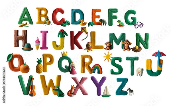 Fototapeta Alphabet made of plasticine with corresponding words. Letters of the English alphabet with animals, fruits and various things made from plasticine.  Childish font for kids ABC book symbols pack.