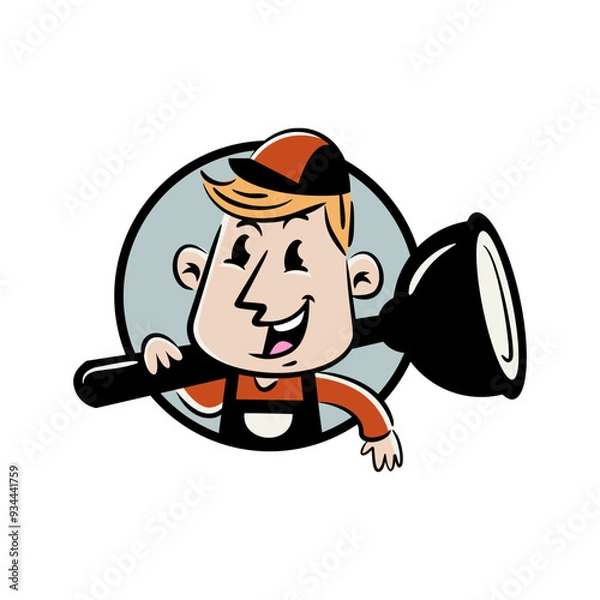 Obraz Cartoon plumber mascot or logo, holding a plunger with a smile, ready to fix plumbing problems.