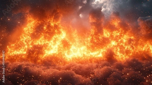 Fototapeta Dramatic fiery sky with glowing clouds and particles.