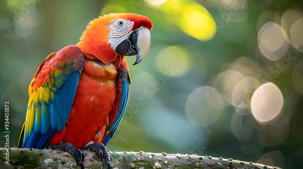 Fototapeta Amazon Scarlet Macaw perched on a high branch, its vibrant colors standing out against the green,