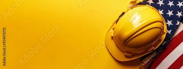Fototapeta Realistic image of American flag with construction helmet on yellow background, symbolizing labor day with copy space for text