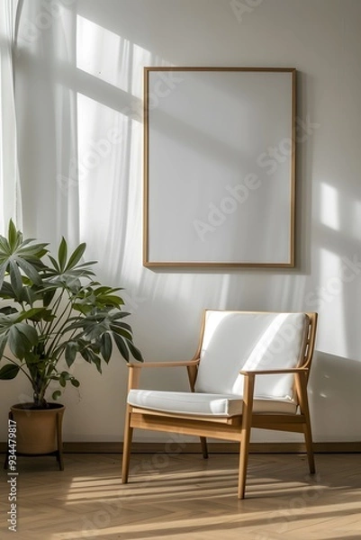 Fototapeta A wooden frame containing a minimalistic cinematic modern poster in a well-furnished room AI generated illustration