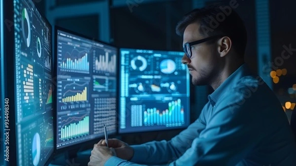 Fototapeta An analyst in the midst of processing and analyzation of data through a computer and dashboard  AI generated illustration