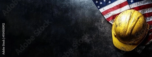 Fototapeta Realistic image of American flag with construction helmet on black background, symbolizing labor day with copy space for text