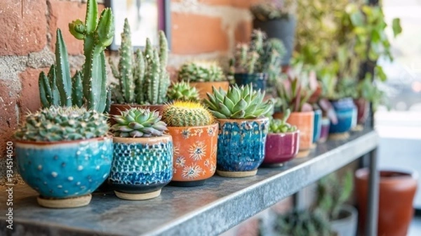 Fototapeta A modern cafe features a beautifully curated collection of cactus and succulents displayed on a sleek metal shelf. The plants, in an array of stylish pots, bring a touch of greenery to the