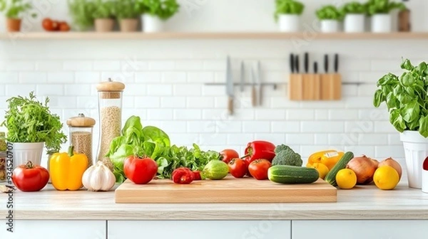 Obraz Fresh and colorful vegetables arranged on a kitchen countertop, perfect for healthy cooking and meal preparation. healthy diet and daily habits concept.