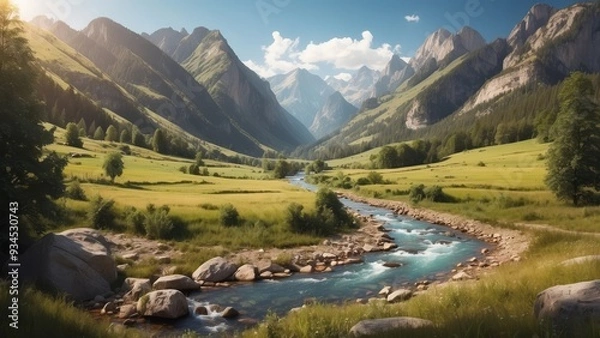 Obraz Mountain River Winding Through a Valley with Lush Green Vegetation