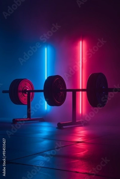 Fototapeta Capture a neon lit and minimalistic weightlifting bar  AI generated illustration
