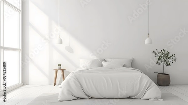 Fototapeta Capture an image of a pristine minimalist bedroom featuring only a bed and one night table from an overhead perspective  AI generated illustration